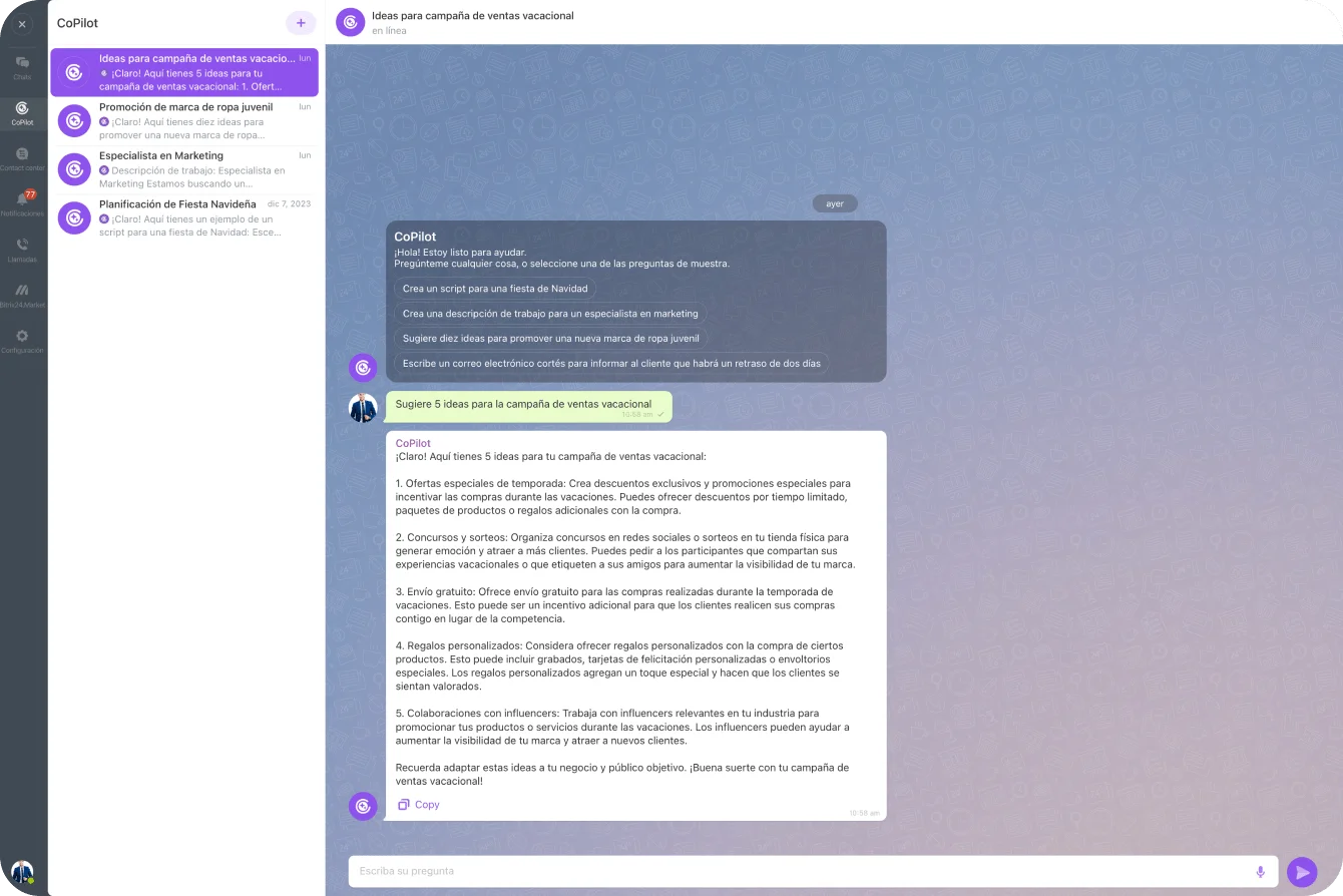 Copiloto de IA integrado en el chat para sugerencias y redacción de mensajes en tiempo real