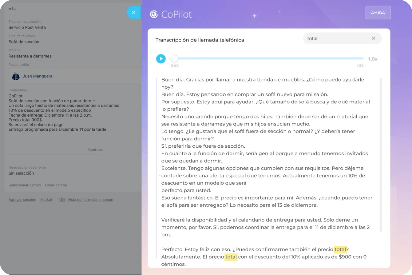 Copiloto de IA en CRM para análisis de datos de clientes y automatización de tareas