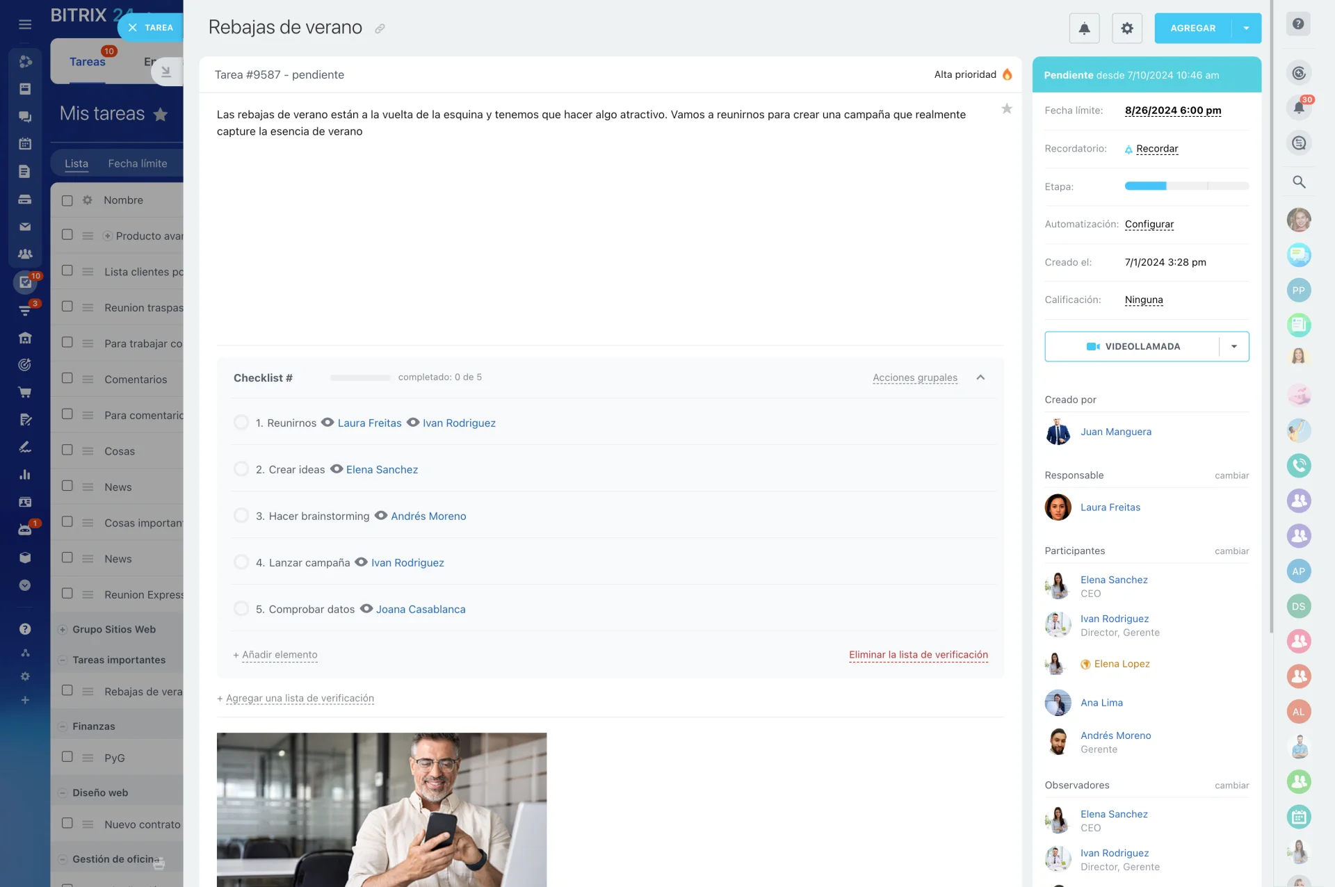 Vista detallada de una tarea con responsables, participantes y lista de verificación